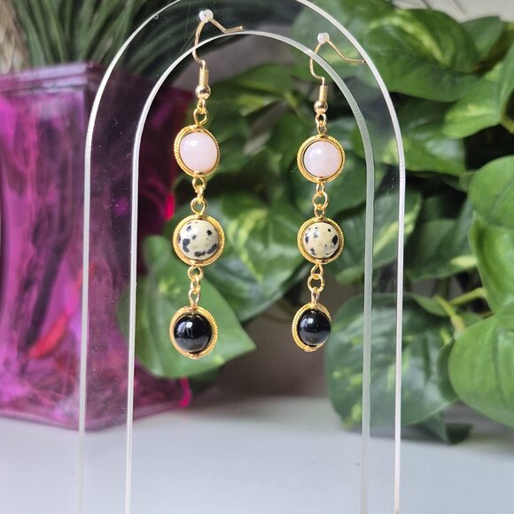 Dalmatian Jasper, Rose Quartz and Black Obsidian Earring Dangles - Picture 6 of 7